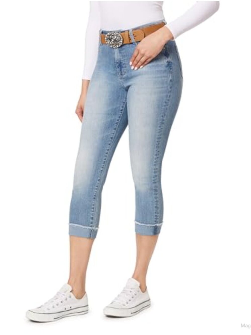 High Rise Cropped Skinny Jeans Curvy Fit Belted Stretch Denim